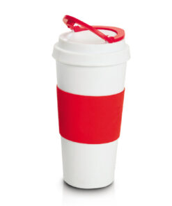 כוסות קפה ממותגות | הדפסה על כוסות | כוסות עם הדפס | ספל טרמי מפלסטיק אדום לבן