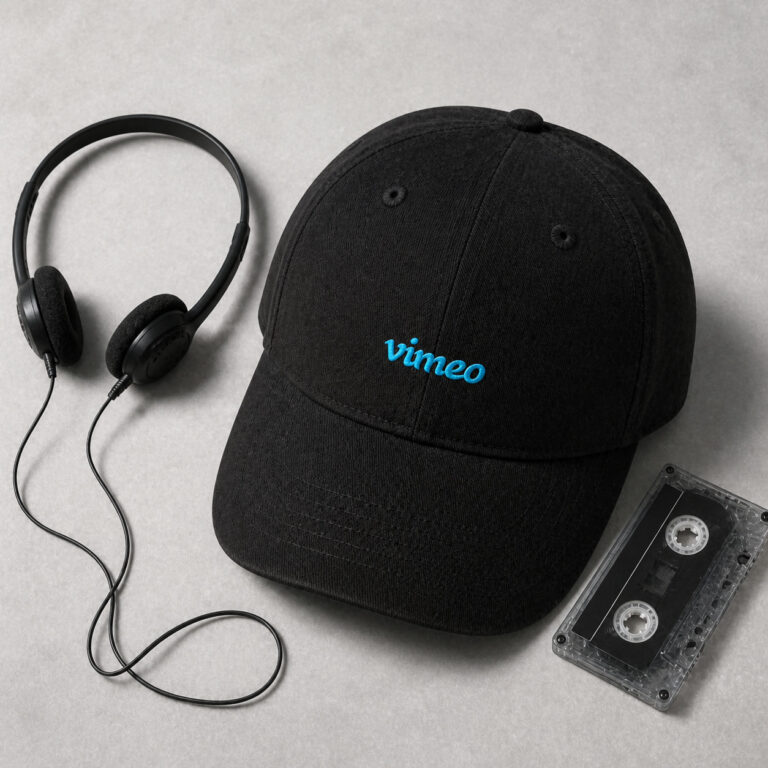 כובע JACO PRO שחור עם רקמת Vimeo לצד אוזניות וקלטת